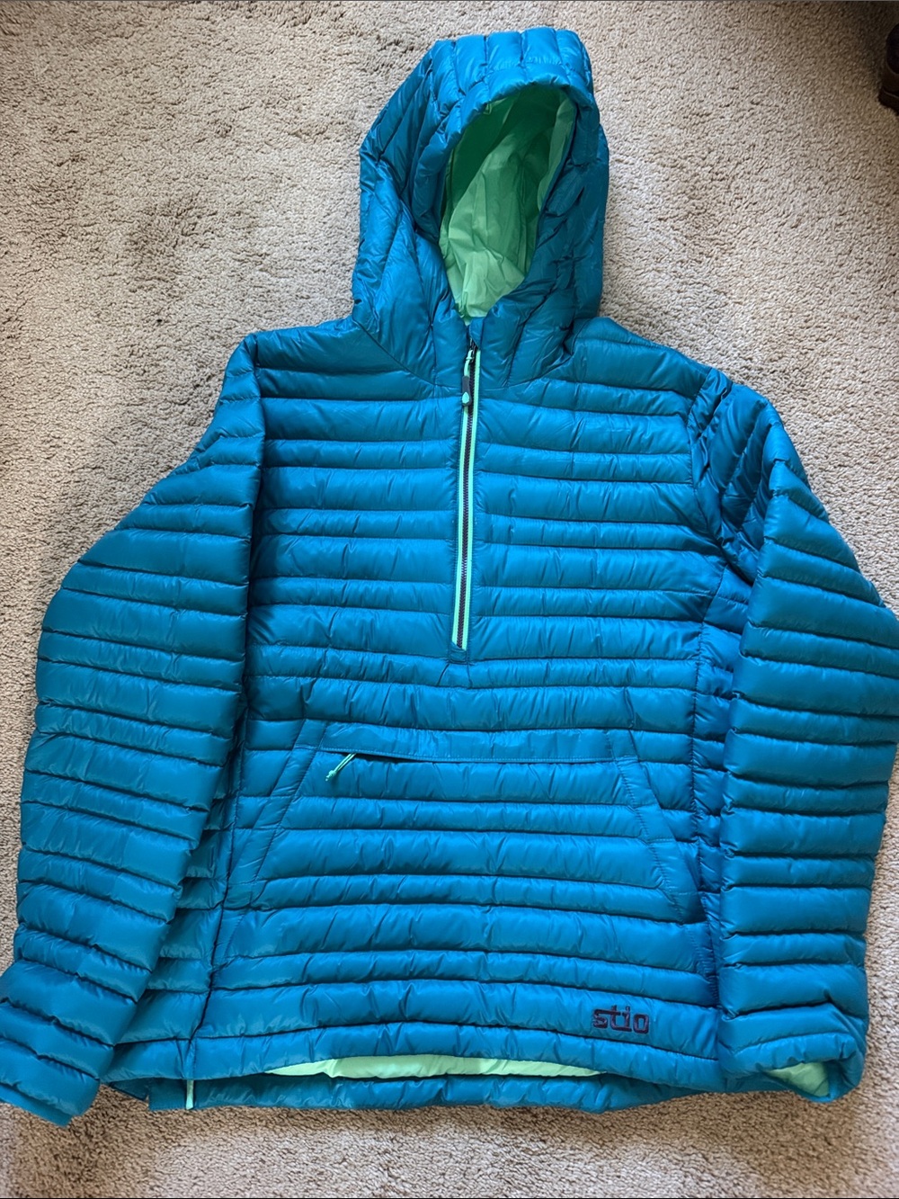 Stio Women’s L Teal Quilted Piñon Down Hooded Pullover Puffer with Lime Lining